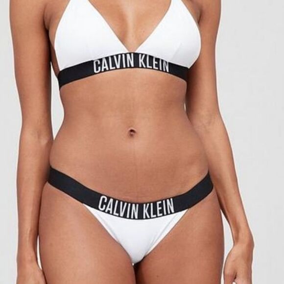 Calvin Klein 2 pc White Black Logo Triangle Bikini Top w Logo Bottoms sz Large - Picture 1 of 13